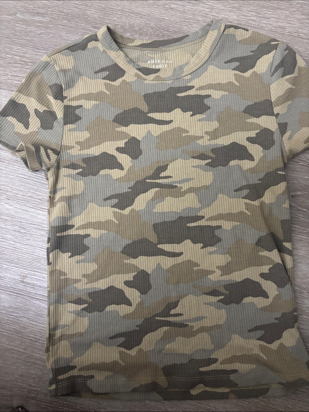 American Eagle Outfitters Camo Ribbed Short Sleeve Tee - Olive/Khaki/Gray